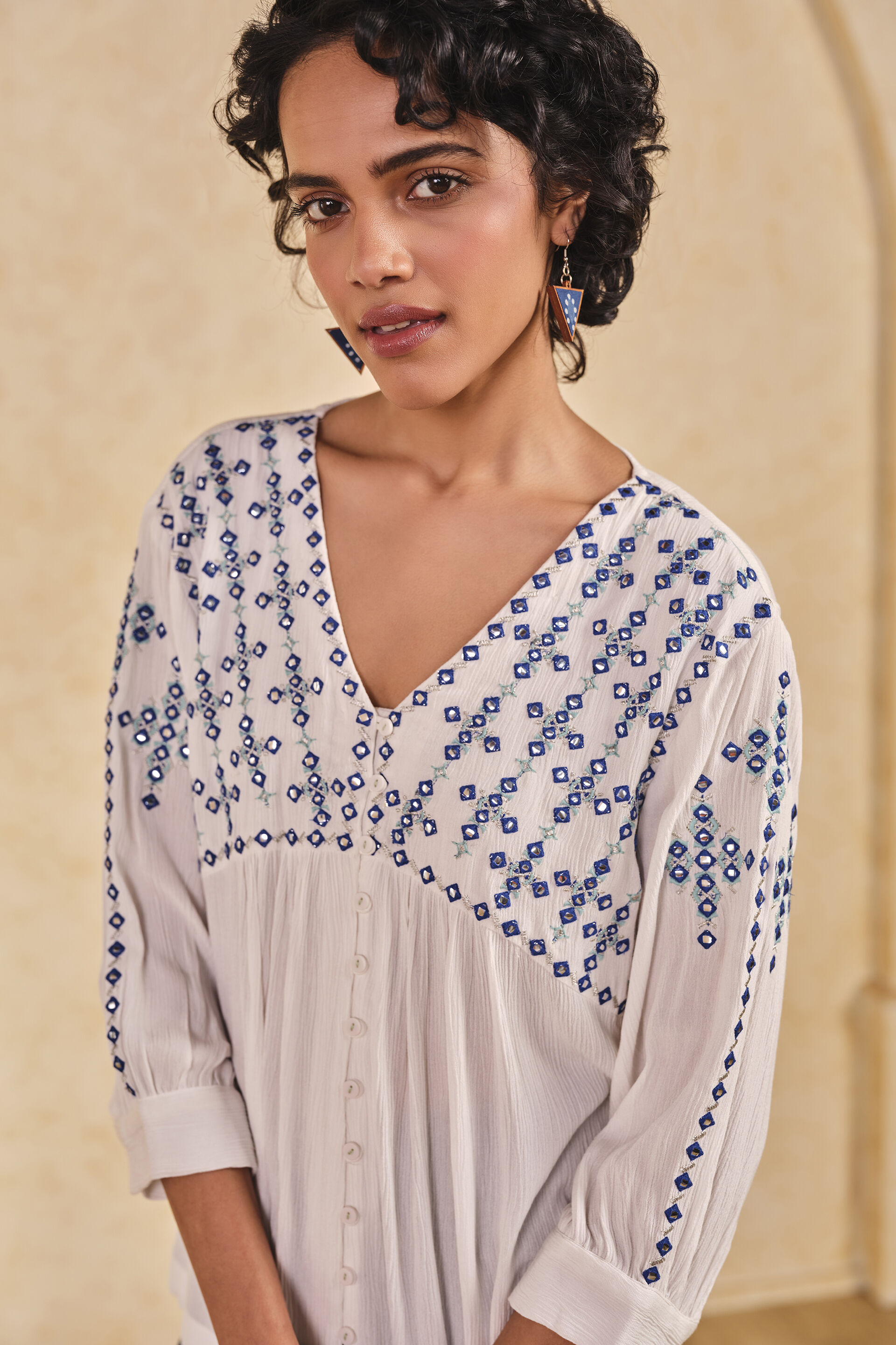 Embroidered White Top with Puff Sleeves, White, image 5